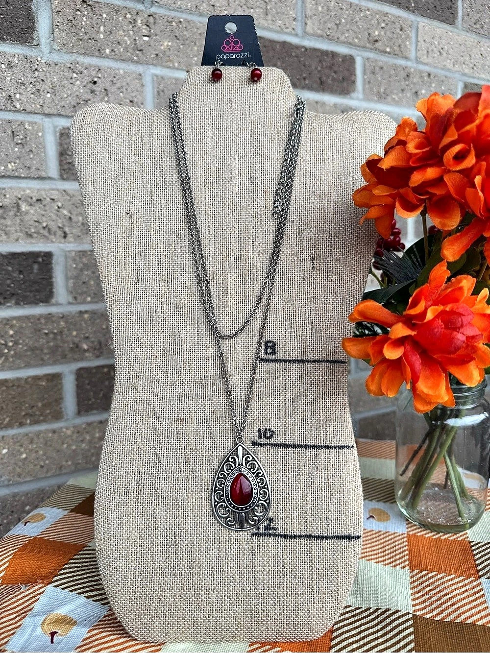 Paparazzi Red Teardrop Filigree Silver-Tone Pendant Necklace & Earrings NWT
